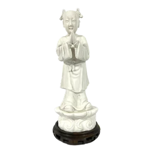 Vintage White Blanc De Chine Porcelain Figurine of a Young Chinese Girl on Carved Wood Stand