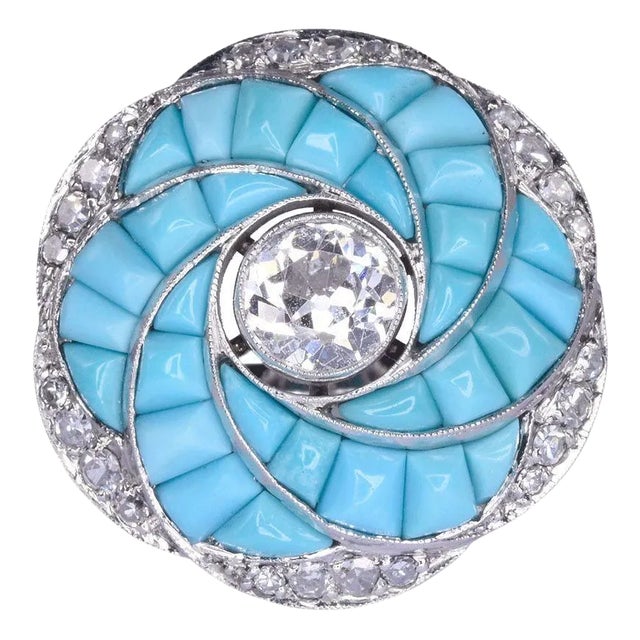 Estate Custom Diamond and Turquoise Platinum Ring For Sale