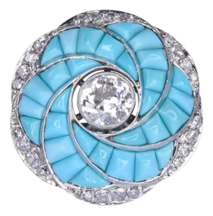 Estate Custom Diamond and Turquoise Platinum Ring