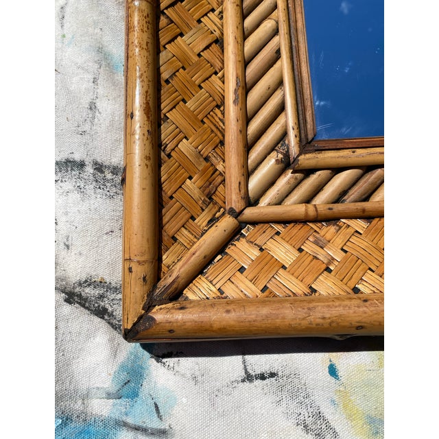 Late 20th Century Pair of Vintage Woven Bamboo & Rattan Wall Mirrors — Tropical Coastal Hollywood Regency, 30" X 24" For Sale - Image 5 of 9
