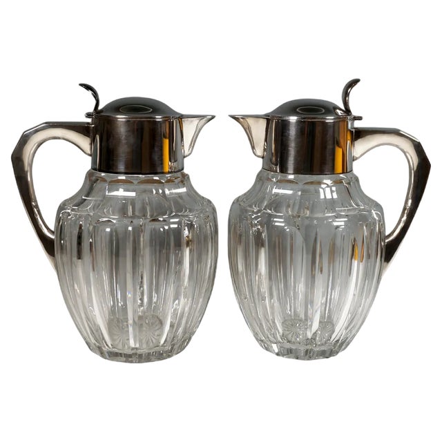 Large Glass Decanters with Silver Mounts from Gebrüder Deyhle, Germany, 1910s, Set of 2 For Sale