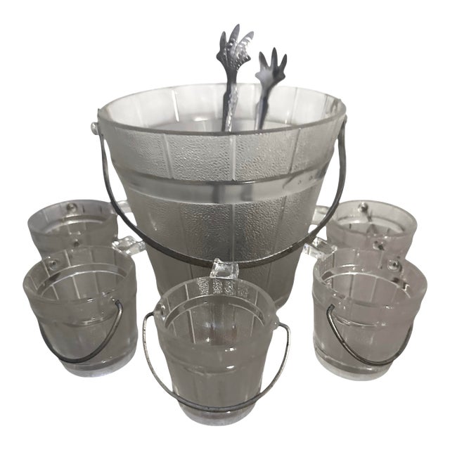Mid 20th Century Glass Faux Oak Wood Pale Ice Bucket - A Set of 7 For Sale