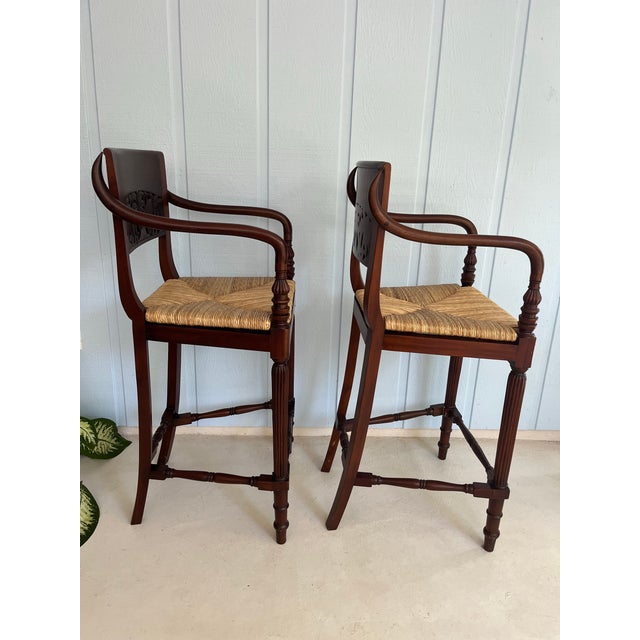 Wood 1990s Pair of Mahogany Counter Stools-Woven Rush Seat-Ornate Carving Back-High Quality Special Armchairs For Sale - Image 7 of 11