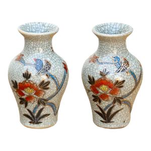 Pair of Miniature Floral Avian Crackle Glaze Jars