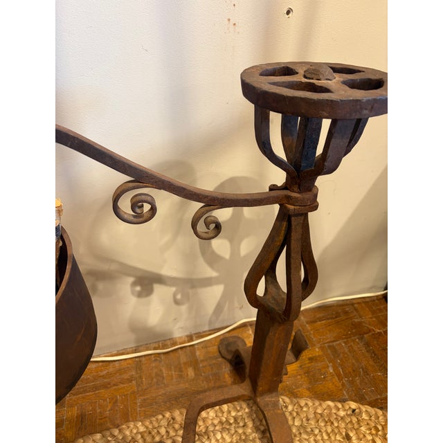 Antique French Andirons With Bucket. Andirons Are Perfectly Upright and Straight. Photo Shows One Leg on and One Leg Off Area Rug. For Sale - Image 4 of 4