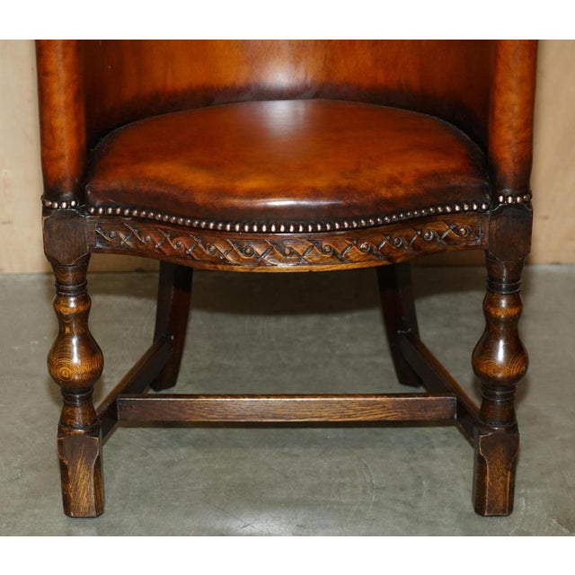 Edwardian Captains Office Chair in Brown Leather and Carved English Oak, 1910 For Sale - Image 9 of 18