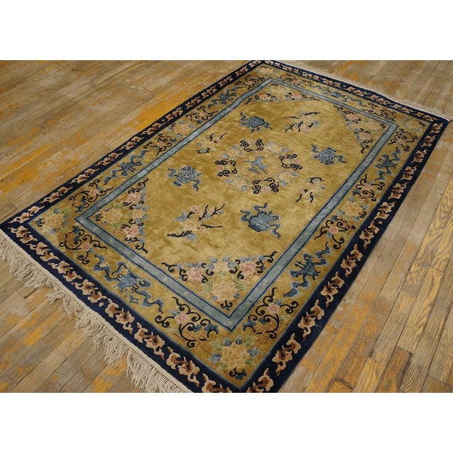 Vintage 1980s Chinese Silk Carpet ( 4'1'' x 6'2" - 125 x 188 ) Vintage Silk Chinese Floral Knotted Rug, Circa Date: 1980s....