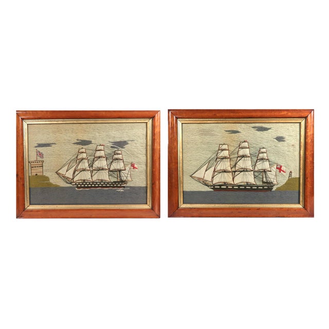 Pair of Royal Navy Sailor’s Woolworks by the Same Hand with Trapunto Sails Circa 1870 This magnificent pair of British...