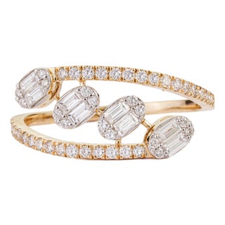 Certified 14k Solid Yellow Gold Baguette & Round Diamond Pave Bypass Ring Size 6 For Sale