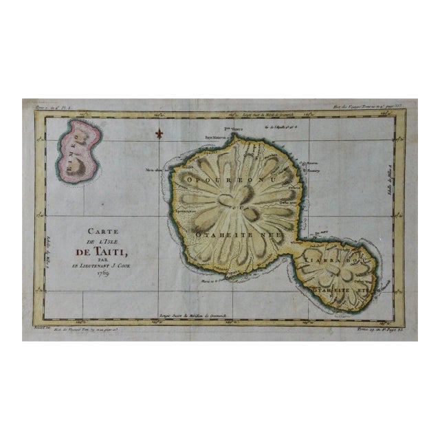Captain Cook's Exploration of Tahiti 18th C. Hand-Colored Map by Bellin For Sale