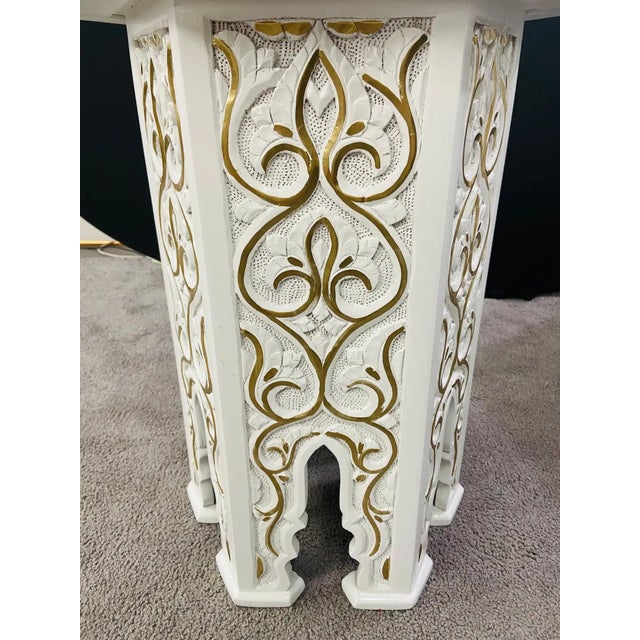 Wood Hollywood Regency Moroccan Stye Side or End Table White With Gold Design, a Pair For Sale - Image 7 of 10