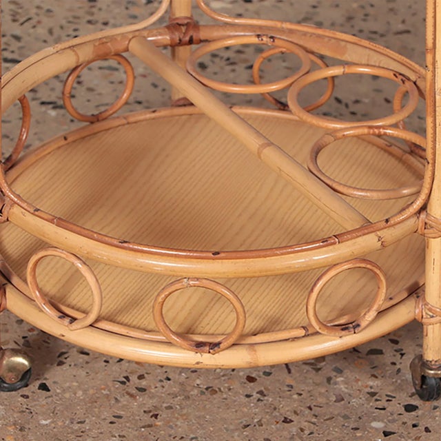 A French Two Tier Rattan Bar Cart on Wheels. Circa 1960 For Sale - Image 4 of 5