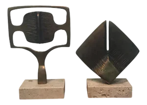 1970s Modernist Bronze and Travertine Marble Sculptures - a Pair