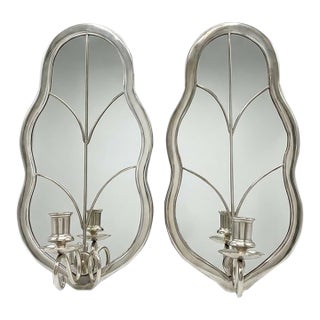 Pair of Vintage Silver-Tone Leaf Mirrored Wall Candle Sconces For Sale