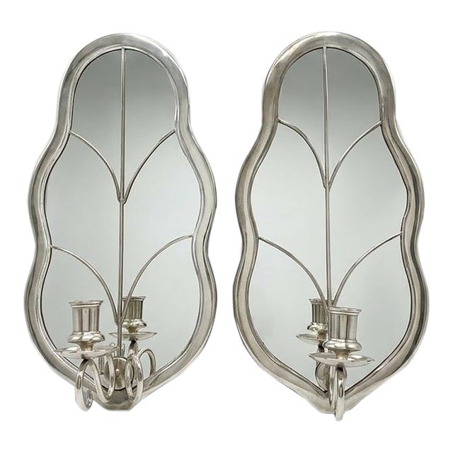 Pair of Vintage Silver-Tone Leaf Mirrored Wall Candle Sconces For Sale