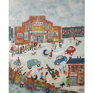 "The Saturday Matinee and an Everlasting Strip" Contemporary Folk Art Townscape Acrylic Painting by Therese James For Sale