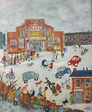 "The Saturday Matinee and an Everlasting Strip" Contemporary Folk Art Townscape Acrylic Painting by Therese James