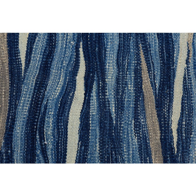 Blue Contemporary Handmade Oceanic Blue Wave Kilim Wool Area Rug Luxury Flat-Weave For Sale - Image 8 of 12