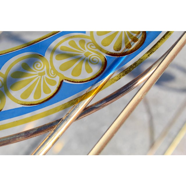 Mid-Century Modern Brass & Glass Bar Cart With Blue & Gold Medallion Top | Hollywood Regency For Sale - Image 13 of 18