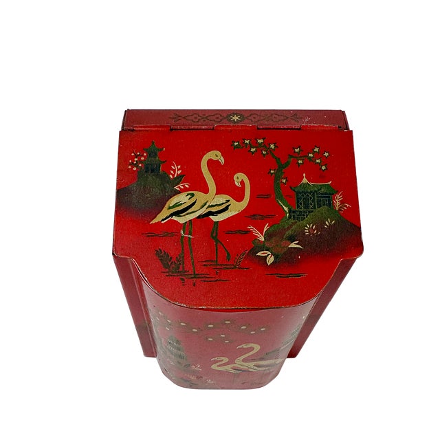 1960's Chinoiserie Tea Tin Tole Canister England Baret Ware Red Pagodas Birds For Sale In Houston - Image 6 of 6