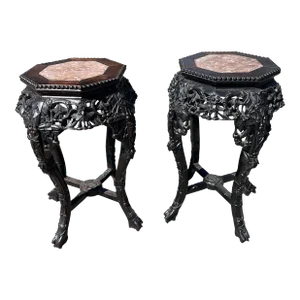 Antique Japanese Meiji Carved Side Tables - a Pair