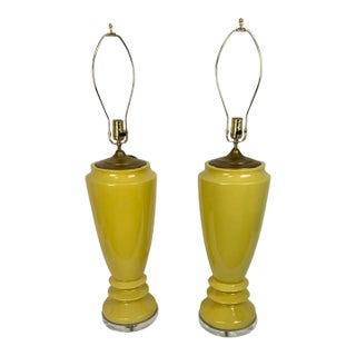 Vintage Ceramic Mustard Tall Table Lamps on Clear Lucite Base - a Pair For Sale