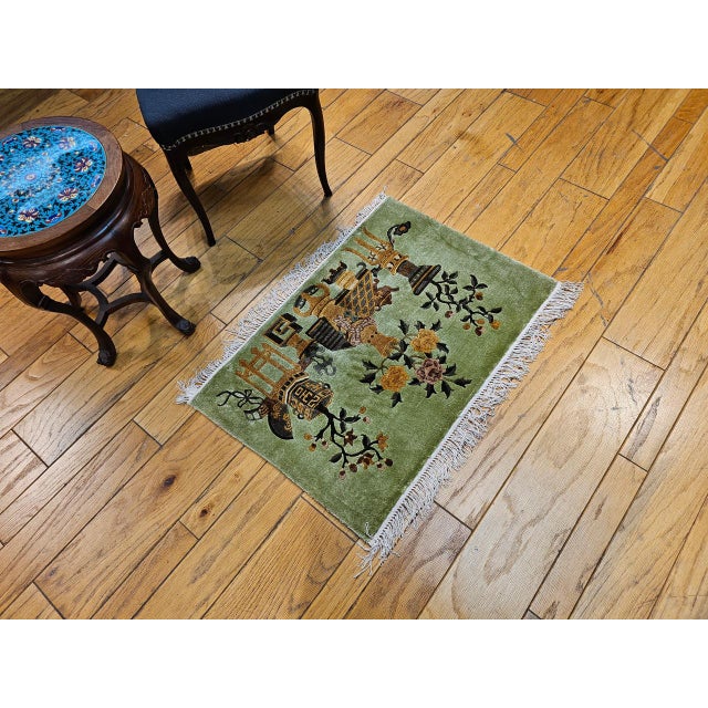 Chinese Pair of Vintage Chinese Art Deco Pictorial Rugs, Silk & Wool, Vase Motif, 2' x 3' For Sale - Image 3 of 12
