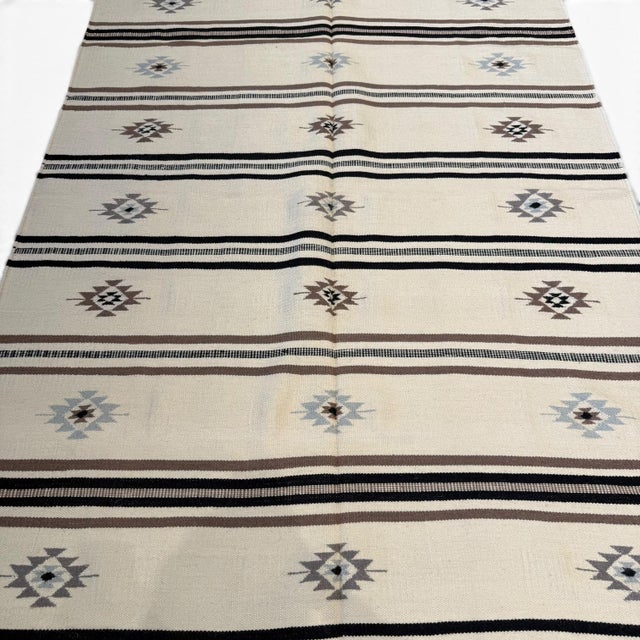 Tribal Handwoven Indian Kilim Rug | 6' X 9' | Ivory Field With Striped Tribal Geometric Design For Sale - Image 3 of 5