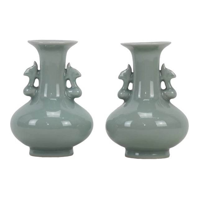 Pair of 1960s Chinese Longquan Kiln Powder Green Glaze Amphorae For Sale