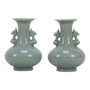Pair of 1960s Chinese Longquan Kiln Powder Green Glaze Amphorae