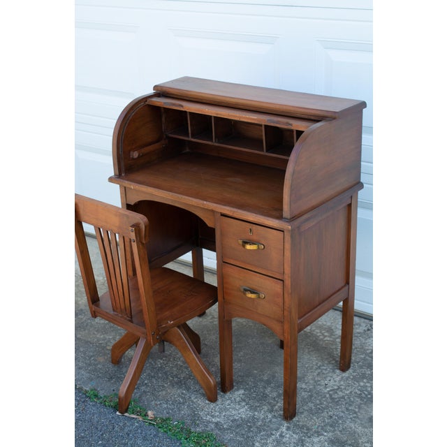 Early 20th Century Childs Rolltop Desk and Chair Set of 2 Chairish