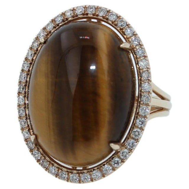 Golden Oval Tiger's Eye Cabochon Diamond Halo Cocktail 14 Karat Yellow Gold Ring 8.59 CTs Tiger Eye Cabochon Gemstone 0.65...