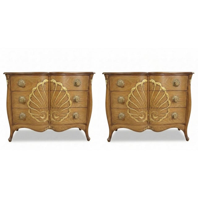 1970s French Hollywood Regency Style Walnut W/ Gilt Shell Chests - Pair For Sale - Image 4 of 8