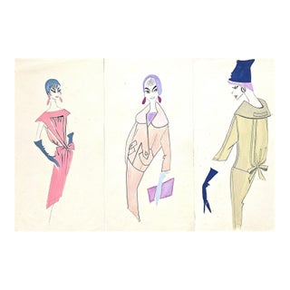 1959 Set of 3-French Mid-Century Fashion Drawings-Whimsical For Sale