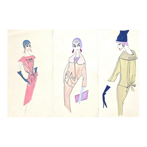 1959 Set of 3-French Mid-Century Fashion Drawings-Whimsical