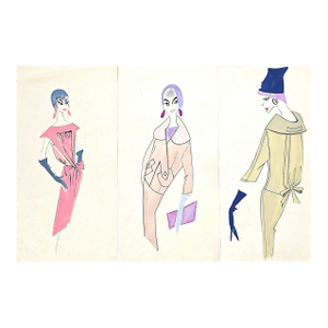 1959 Set of 3-French Mid-Century Fashion Drawings-Whimsical