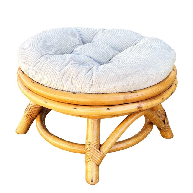 Mid-Century Modern 1950s Restored Mid-Century Rattan Round Ottoman W/ Tufted Cushion For Sale - Image 3 of 5