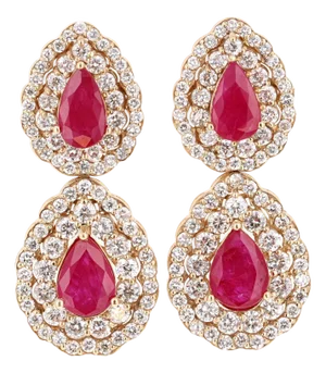7.77 Carat Natural Ruby Diamond Yellow Gold Drop Earrings, A Pair