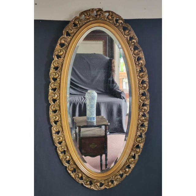 Early 1900s French Style Hand Carved Gilded Oval Beveled Wall Mirror For Sale - Image 4 of 12
