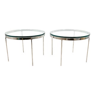 Nicos Zographos Side Tables in Polished Steel With Glass Tops - A Pair For Sale