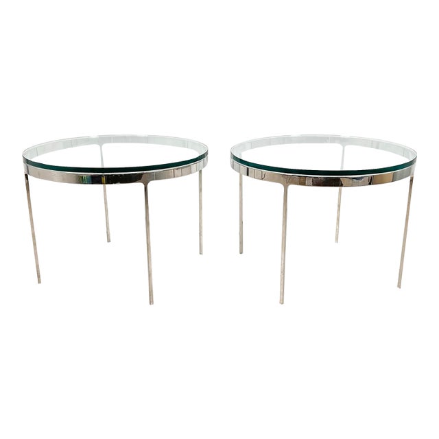 Nicos Zographos Side Tables in Polished Steel With Glass Tops - A Pair For Sale