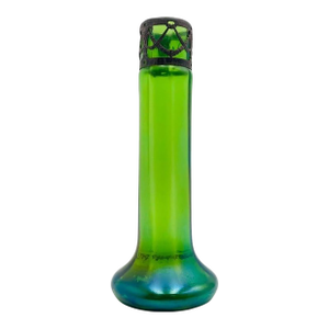 Early 20th Century Iridescent Green Glass Vase With Decorative Metal Insert