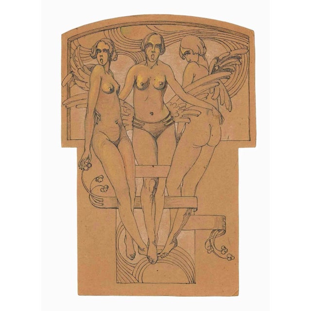 Caryatids, Study for Bas-relief is an original drawing in china ink and pastel on brownish paper realized by an anonymous...