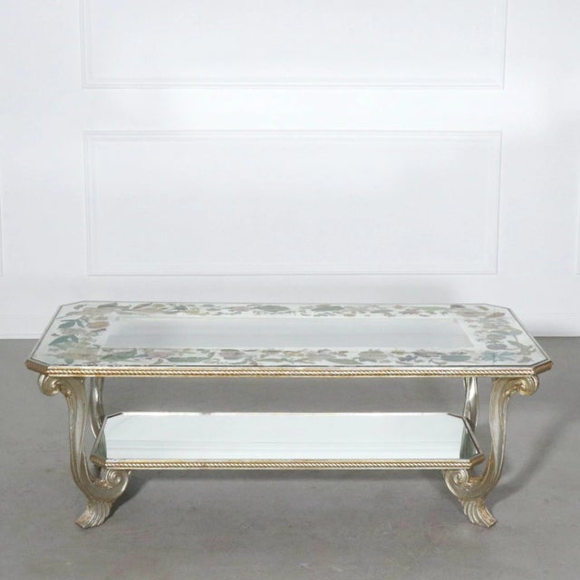 French French Floral Eglomise Carved and Mirrored Coffee Table - Maison Jansen Attr. For Sale - Image 3 of 12