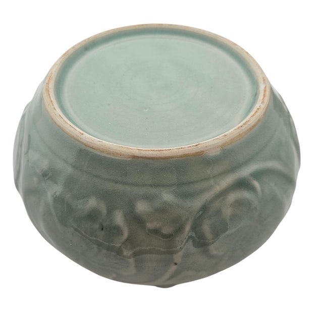 VTG Chinese Longquan Style Celadon Lidded Jar Relief Floral Round Form 8" For Sale - Image 13 of 13