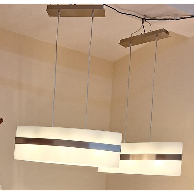 Vintage Ceiling Lamps with Stainless Steel Frames and Arched Glass Shades from Massive, 1990s, Set of 2 For Sale - Image 3 of 10