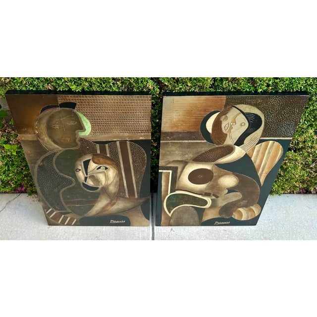 Pair Mid-Century Picasso-Style Carved & Gilded Wood Panels Attributed to Enrico Baj For Sale - Image 15 of 18