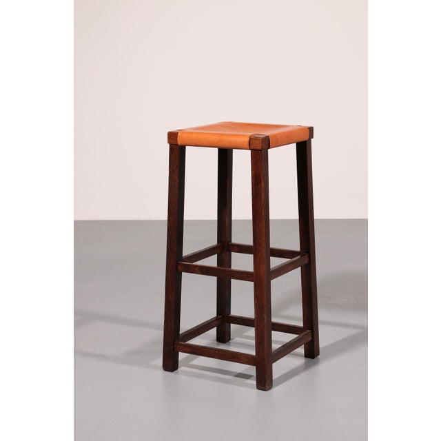 1970s Mid-Century Oak Bar Stools with Cognac Leather Seats, 1970, Set of 6 For Sale - Image 5 of 7