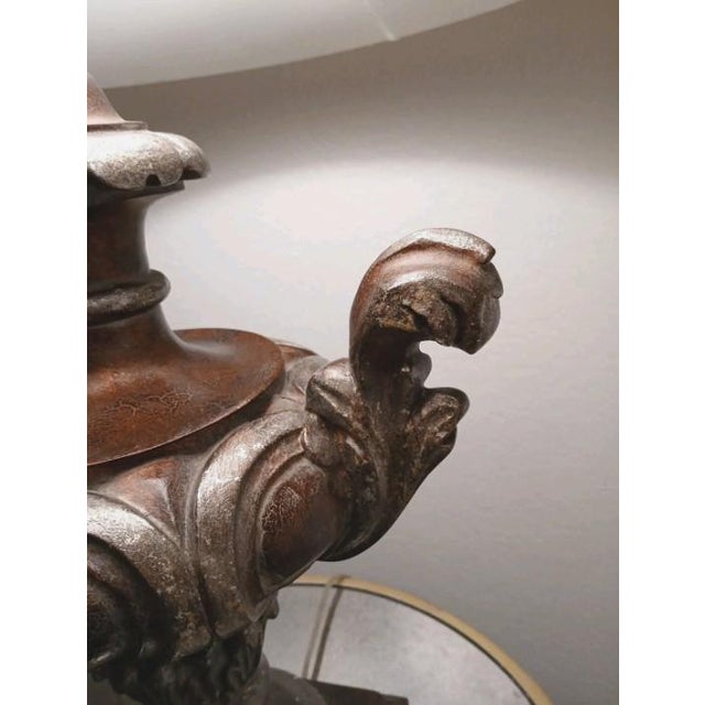 1940s Edwardian Carved Urn Lamp Brown Bronzed Renaissance Avant-Garde W Shade For Sale - Image 4 of 14