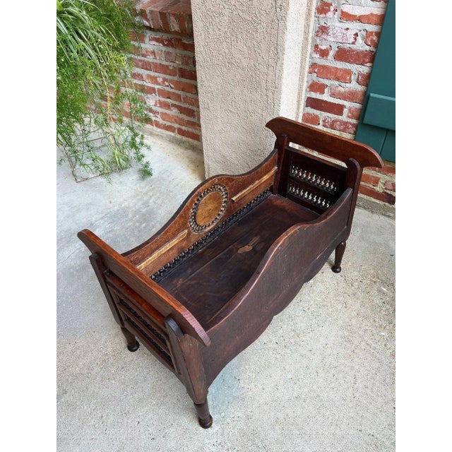 Antique French Carved Planter Breton Brittany Oak Doll Bed Fireside Box C1890 For Sale - Image 12 of 18